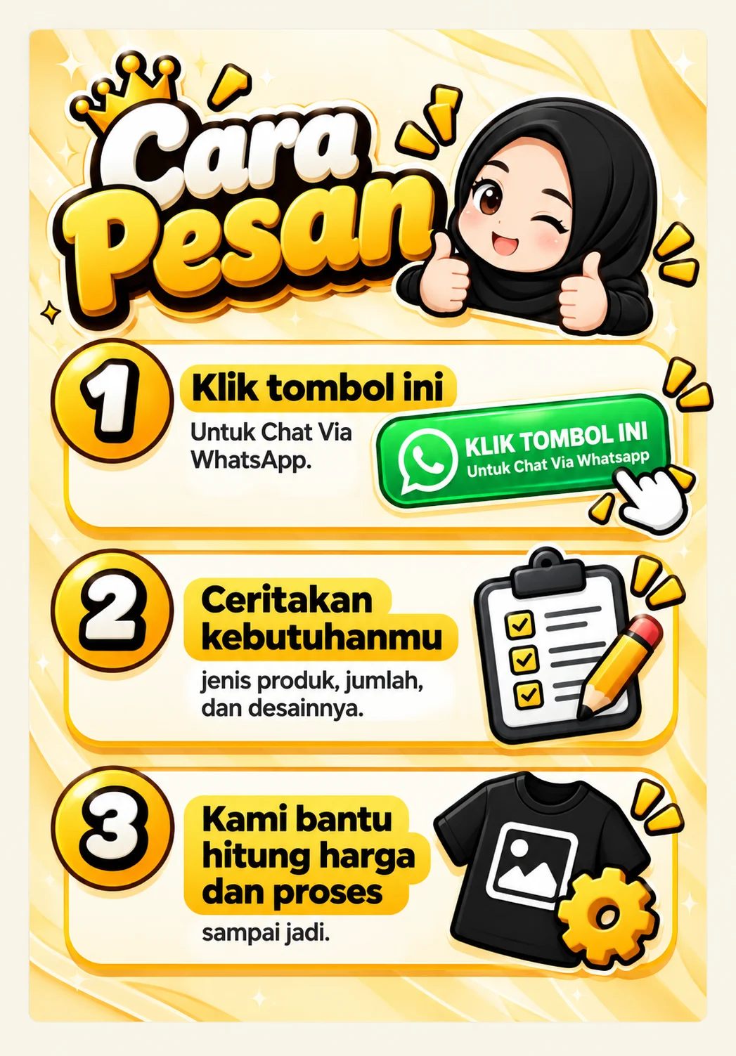 Cara pesan di Rembangnesia, tiga langkah. Pertama, klik tombol Konsultasi Gratis untuk chat lewat WhatsApp. Kedua, ceritakan kebutuhanmu: jenis produk, jumlah, dan desainnya. Ketiga, kami bantu hitung harga dan prosesnya sampai jadi.